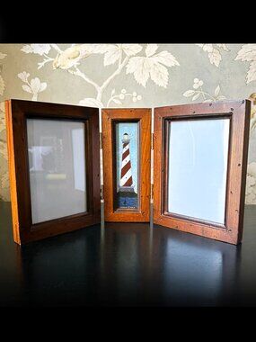 Vintage 90s Warren Kimble Lighthouse Tri-fold Picture Frame for Two 4x6 Photos